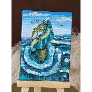 Doll house Painting dragon ocean 3 X 3in hand painted canvas with wooden easel